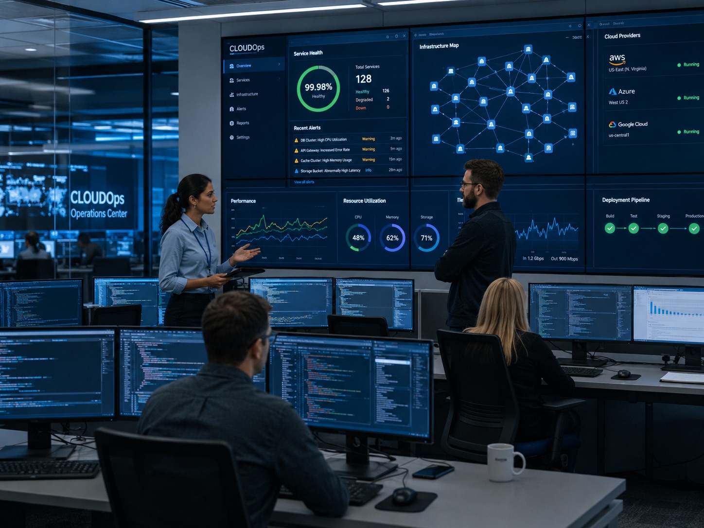Operations team monitoring dashboards in a security operations centre