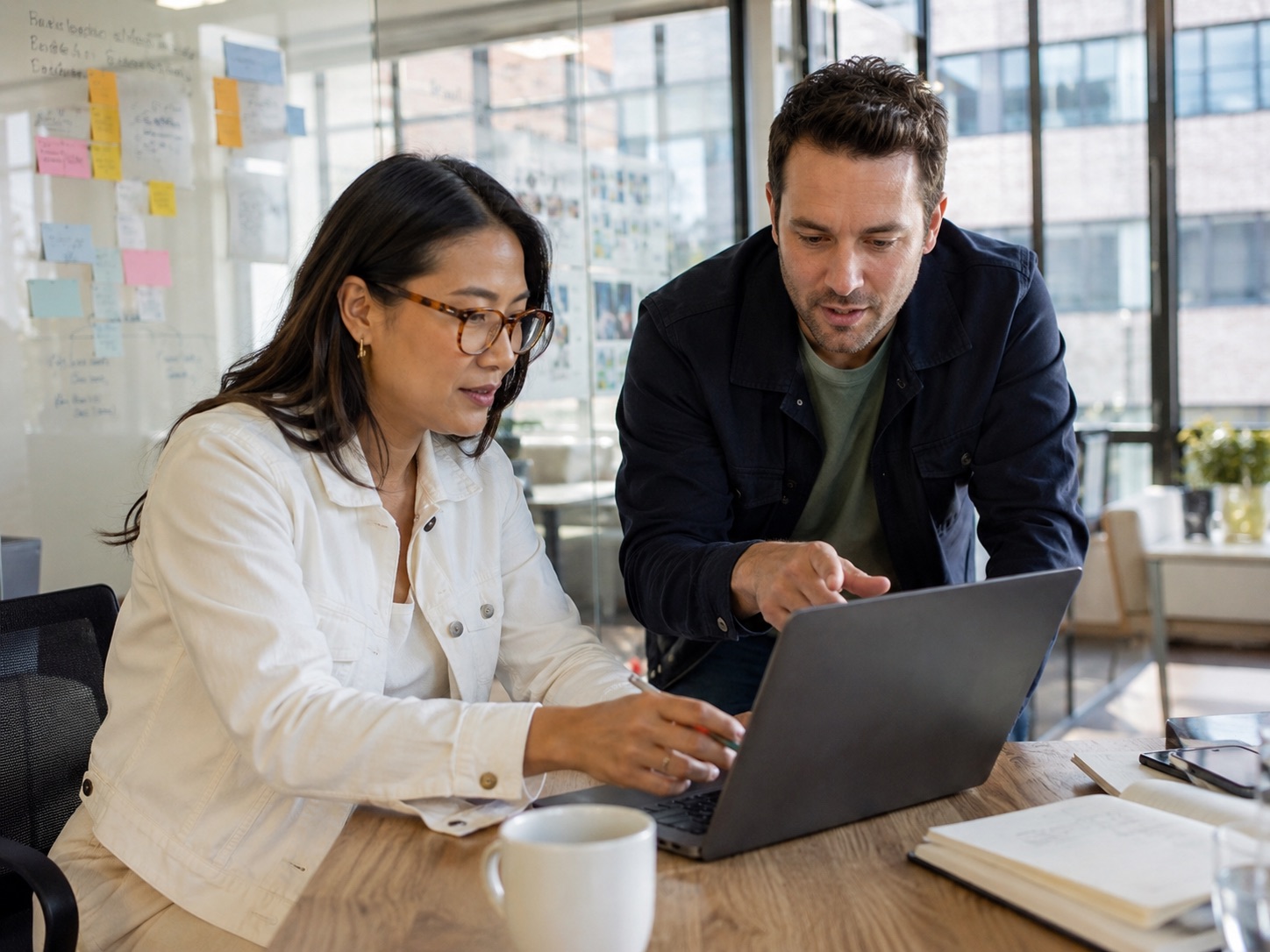 Two colleagues collaborating in front of a laptop